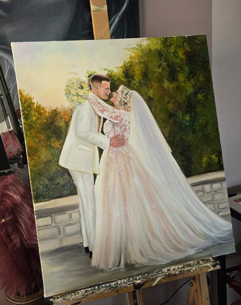 Finished live wedding painting of Πέννυ & Αλέξανδρος at Domaine Karras, Μεγάλη Αυλή Κερατέας by wedding painter Angela Yfantidou
