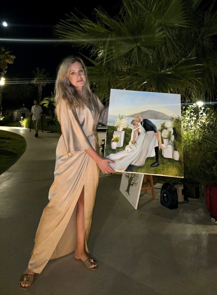 Live wedding painting of Elena and Marc by the sea at Ktima 48, Athens Riviera, by Angela Yfantidou