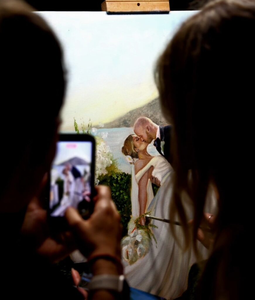 People reactions of the live wedding painting of Elena and Marc with sea view, Ktima 48 Anavyssos
