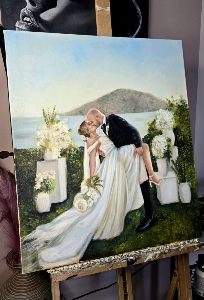 Close-up of Elena and Marc's live wedding painting, Athens Riviera
